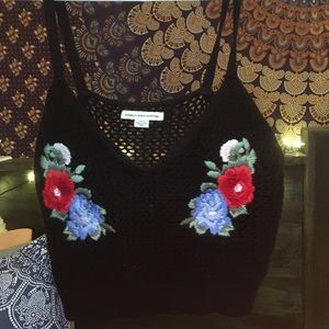 AE black crop tank w/ floral design